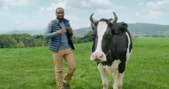 In der Swissmilk-Kampagne stellen Lovely und Charles Nguela fest, dass es «in der Schweiz echt viel Gras gibt» ... (Bild: Screenshot Werbespot von swissmilk)