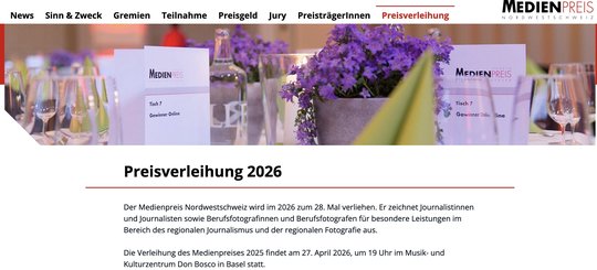 Preise wurden vergeben in den Kategorien Radio, Print, Foto und TV. Zusätzlich wurde noch ein Recherche-Preis verliehen… (Bild: Screenshot medienpreis-nordwestschweiz.ch)