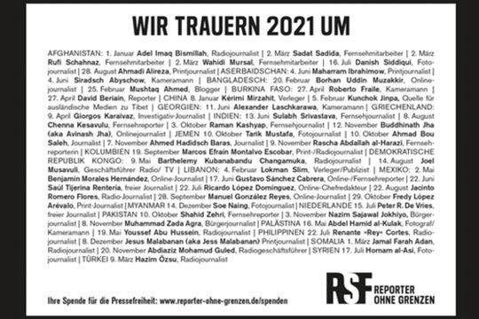 Diese 46 Journalistinnen und Journalisten wurden weltweit im Zusammenhang mit ihrer Arbeit getötet... (Bild: RSF)