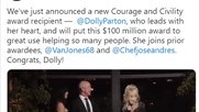 Lauren Sanchez und Jeff Bezos bei der Spendenübergabe von 100 Millionen Dollar an Dolly Parton, welche damit «ihr Bestes tun will»...         (Bild: Twitter)