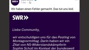 Der SWR-Post über Sophie Scholls Widerstand gegen den Nationalsozialismus war eine Shoa-Relativierung, also schlicht kreuzfalsch... (Bild Screenshot)