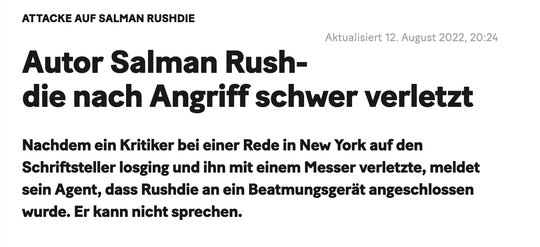 «20 Minuten» verharmlost und entschuldigt indirekt den Attentäter auf Salman Rushdie. Bildschirmfoto des Artikels…