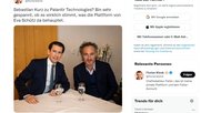 «Falter»-Chefredaktor Florian Klenk zweifelt noch, ob das Gerücht mit Palantir stimmt. Sein Post auf Twitter zeigt Sebastian Kurz zusammen mit Palantir-CEO Alex Karp...