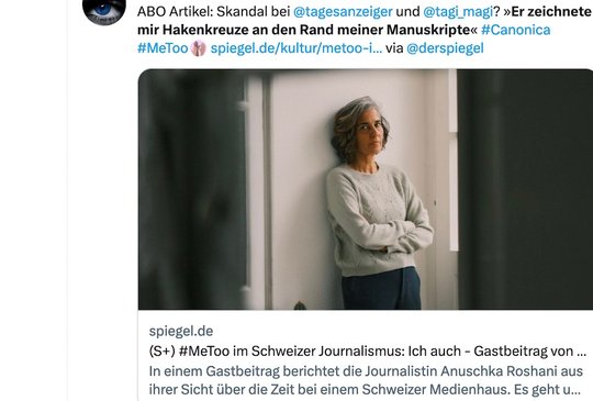 Anuschka Roshani erzählt ihre eigene Geschichte im «Spiegel»: «Super Heft»! Vielen Dank! Obwohl Du eine Frau bist, hast Du brilliert! Lg»...