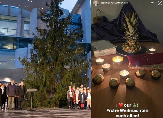 Der echte Weihnachtsbaum mit Bundeskanzler Olaf Scholz in Berlin und die kreative Version mit einer halben Ananas statt einer Fichte...         (Bild: Instagram)