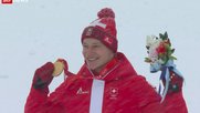 Rekordverdächtig: Marco Odermatts Siegesfahrt vom 13. Februar bescherte SRF zwei einen Marktanteil von 85 Prozent. (Bild Screenshot SRF) 