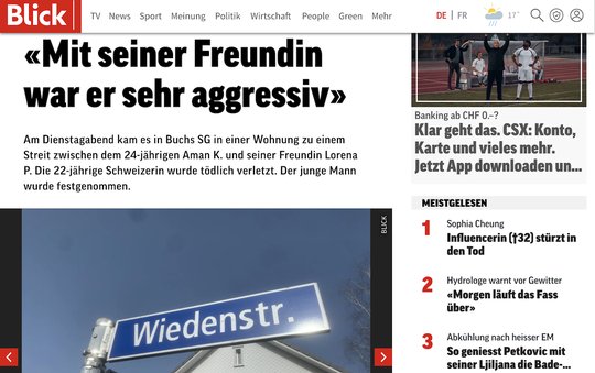 «Blick» und «20 Minuten» nannten die entsprechende Strasse, an der das Delikt stattgefunden hatte... (Bild: Screenshot blick.ch)