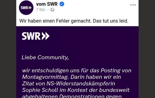 Der SWR-Post über Sophie Scholls Widerstand gegen den Nationalsozialismus war eine Shoa-Relativierung, also schlicht kreuzfalsch... (Bild Screenshot)