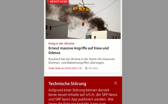 Auf der SRF News und Sport App konnten während Stunden keine neuen Inhalte geladen werden... (Bild: Screenshot Klein Report)