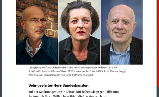 Unterschrieben haben unter anderem die Schriftsteller Maxim Biller und Herta Müller sowie der Publizist Ralf Fücks (v.l.). (Bild Screenshot Zeit)