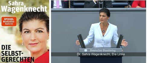 Das Cover zum Bestseller «Die Selbstgerechten» von Sahra Wagenknecht. Pointiert sind auch ihre Aussagen im Bundestag...       (Bilder: Campus-Verlag, Youtube) 