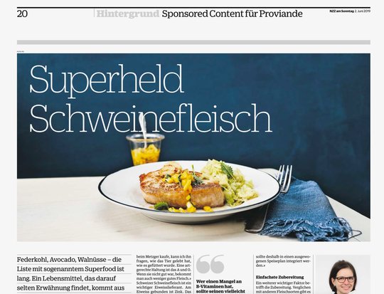 Auftrag für Proviande, der Branchenorganisation der Schweizer Fleischwirtschaft: Im look and feel praktisch identisch mit redaktionellen Beiträgen der «NZZ am Sonntag»...