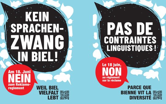Die Bieler und Bielerinnen haben sich entschieden und wollen in Zukunft Zweisprachigkeit in der Publicité...     (Bild: Abstimmungsplakate)
