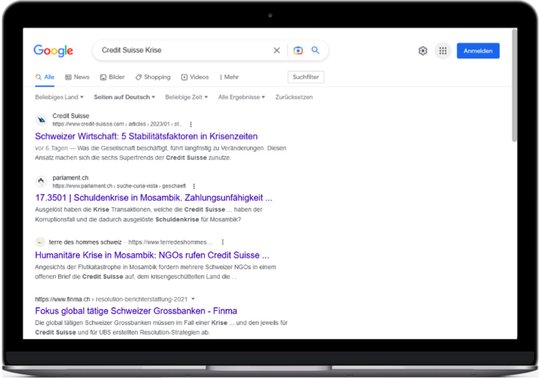 Suchergebnis lauwarm: Für den Suchbefehl «Credit Suisse Krise» liefert Google harmlose Treffer, wenn die Medien-Inhalte ausgeklammert werden. (Bild Screenshot KR)