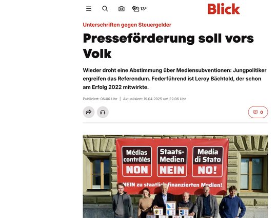 Am Ostersonntag über den «SonntagsBlick» publik gemacht: Leroy Bächtold war bereits 2022 gegen das Mediensubventionspaket dabei...    (Bild: Sobli/Screenshot)