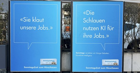 Wo holen wir unsere Energie her? Und was will eigentlich Europa von der Schweiz? Die Gegenpositionen gibts jeweils auf zwei nebeneinanderstehenden Plakaten mit dem Claim «Sonntags verstehen wir hitzige Debatten»… (Bild: Ingo Zürich/zVg)