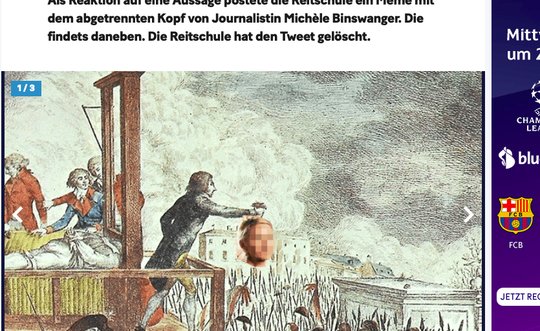 «Megaphon» hat die kritisierte Karikatur rasch wieder gelöscht – es ist «20 Minuten», wo die Köpfungsszene (mit verpixeltem Gesicht) bis heute zu sehen ist. (Screenshot 20min.ch)