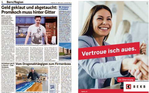 Nicht nur der Tag des Erscheinens sorgte für eine Pointe. Auch die Textseite gegenüber dem Inserat ist wie gemacht, um den Slogan der Bank zu untermauern...