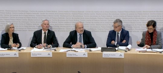 Keine Sternstunde der Schweizer Demokratie: Die GPK-Gruppe mit SP-Nationalrätin Prisca Birrer-Heimo (l.) und daneben FDP-Ständerat Matthias Michel…   (Bild Screenshot auf PK)