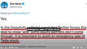 Elon Musk bleibt zuversichtlich, dass er Twitter nicht übernehmen muss. Für den Fall der Fälle will er aber einen Kursabsturz von Tesla vermeiden...           (Bild: Twitter)