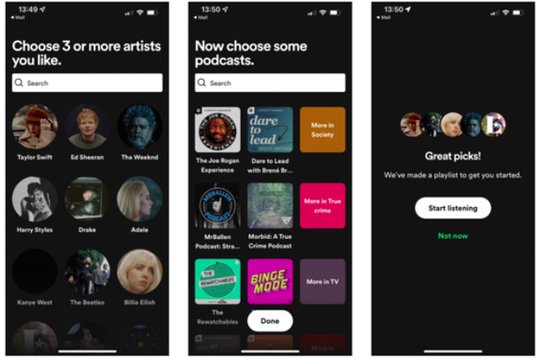 Vorauseilende Personalisierung: Spotify verlangt von den Usern, drei Künstlernamen anzugeben, um die App zu starten. (Bild Screenshot INMA)