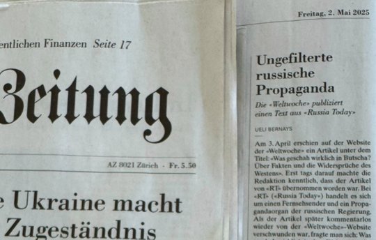 Nach der «Frankfurter Allgemeine Zeitung» berichtete die «Neue Zürcher Zeitung» vier Wochen später über die «ungefilterte russische Propaganda» der «Weltwoche»... (Bild: Screenshot NZZ)