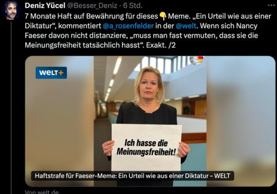 Tweet des im Umgang mit Autokratien geschulten Journalisten Deniz Yücel mit der Aufforderung, das Bild auf X massenhaft zu teilen... (Bild: Screenshot)
