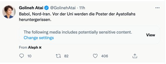 Twitter legt alle Regime-Protest-Videos der Autorin Golineh Atai hinter eine «sensitive Schranke»...                 (Bild: Twitter)