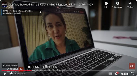Döpfner, Stuckrad-Barre & Reichelt war auch Thema bei «ZAPP» vom 20. April. Hier mit der Investigativjournalistin Juliane Löffler…    (Screenshot YouTube)