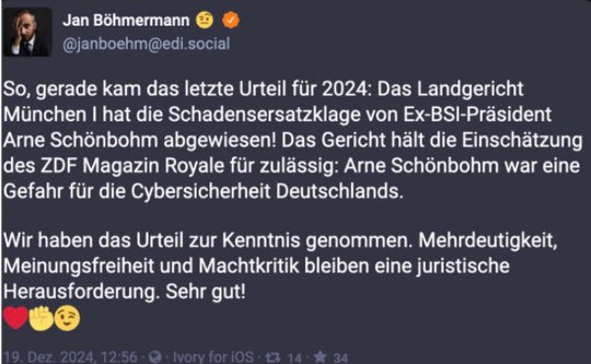 Böhmermann interpretiert in einem Tweet das Urteil des Landgerichts München gegen ZDF als «Sieg»... (Bild: Screenshot)