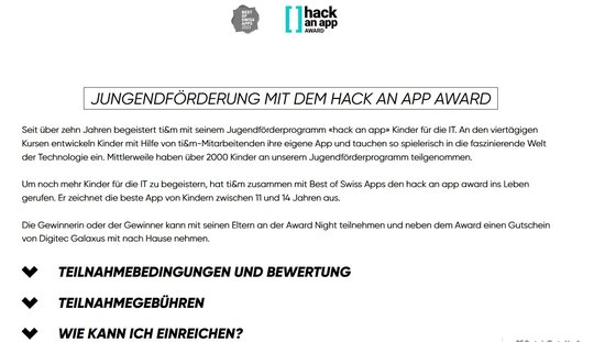 Der IT-Dienstleister ti&m wird Partner von Best of Swiss Apps - mit einem gemeinsamen Award möchten sie Kinder im Alter von 11 bis 14 Jahren für die IT begeistern... (Bild: Screenshot Homepage bestofswissapps.ch) 