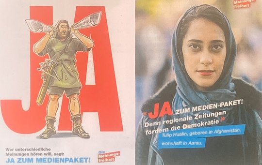 Wie weit geht der Verlegerverband, um gegen das Referendum anzugehen? Zwei Sujet-Entwürfe aus der erarbeiteten Kampagne von Farner/Rod. (Foto Klein Report)