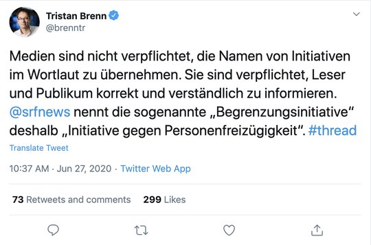 «Wir betreiben kein Framing. Medien sind nicht verpflichtet, die Namen von Initiativen im Wortlaut zu übernehmen», sagt Tristan Brenn vom SRF.