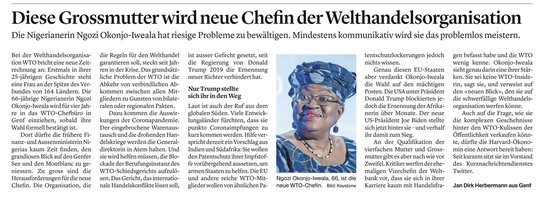 Angesichts der Ausbildung und Karriere der neuen WTO-Chefin Ngozi Okonjo-Iweala sei die Charakterisierung als «Grossmutter» im Titel herabsetzend, findet der Presserat... 
