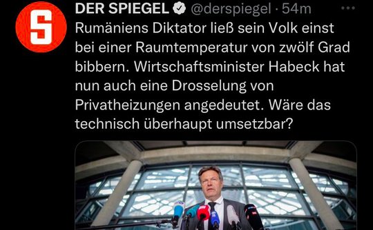 Die «Spiegel»-Redaktoren in der Sommerhitze scheinbar hirnverbrannt: Der Demokrat Habeck wird mit dem rumänischen Massenmörder und Diktator Ceausescu verglichen. (Screenshot Twitter)