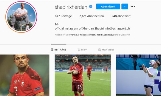 Mit 2.6 Millionen Followern gehören Xherdan Shaqiri rund einen Drittel der gesamten Anzahl Follower aller Nati-Spieler... (© Screenshot: Instagram)