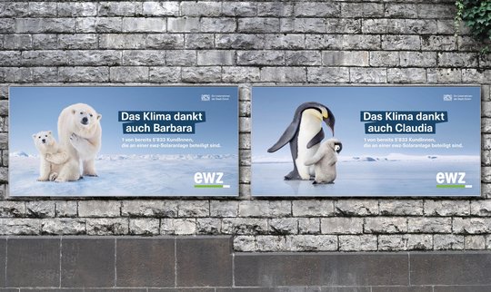 Elektrizitätswerk der Stadt Zürich investiert ganz generell viel Geld in Kommunikationsmittel: Plakatkampagne «Das Klima dankt» im vergangenen Sommer - zwei von 60 Variationen...   (Bild: Ruf, Lanz)