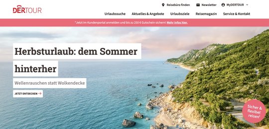 World Wide Web ist überall: Neben klassischen Buchungen über Reisebüros oder Reiseveranstalter könnten Kunden Angebote von Online-Plattformen wählen oder direkt bei Fluggesellschaften oder Hotels buchen...  (Screenshot DERTOUR)