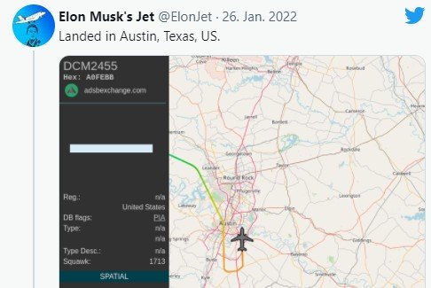 Regelmässige Updates, wo Elon Musk sich mit seinem Privatjet gerade aufhält...