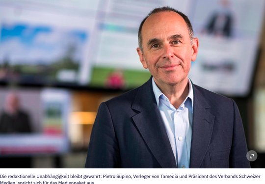 «Dass die Grösseren aufgrund der höheren Anzahl Exemplare in absoluten Beträgen mehr als Kleinere von ermässigten Zustelltarifen profitieren, liegt in der Natur der Sache»: Pietro Supino gibt Abstimmungsempfehlung. (Bild Screenshot Tages-Anzeiger)