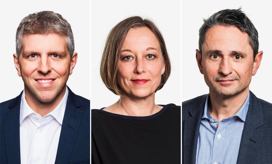 Drei Abgänge aufs Mal: Basil Honegger (Leiter Inlandredaktion), Silvia Zwygart (Redaktionsleiterin «Schweiz aktuell»), Roman Mezzasalma (Leiter Wirtschaftsredaktion). (Bild © SRF)