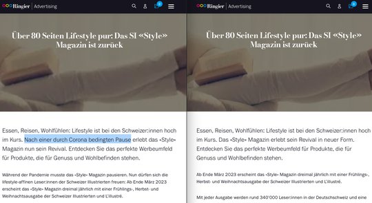 Retuschiert: Am Donnerstag sprach Ringier Advertising von einer «Pause» (Bild links), am Freitag war die Formulierung plötzlich gelöscht. (Bild Screenshot Klein Report)