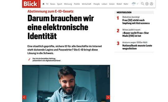 Der zwei Monate vor der E-iD-Abstimmung publizierte Artikel sorgte schon im Netz für Protest wegen Schleichwerbung... (Bild: «Blick»-Screenshot)