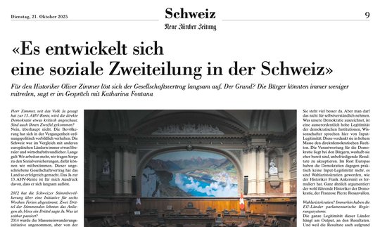 NZZ-Legende zum Bild: «Man weiss, dass man die Demokratie ein bisschen verkauft hat», sagt Oliver Zimmer zur Nichtumsetzung der Masseneinwanderungsinitiative durch das Parlament…
