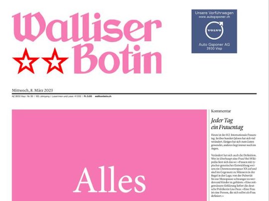 Ausnahmsweise kein generisches Maskulinum im Titel: Mittwochsausgabe der Walliser Tageszeitung (Bild Screenshot Klein Report)