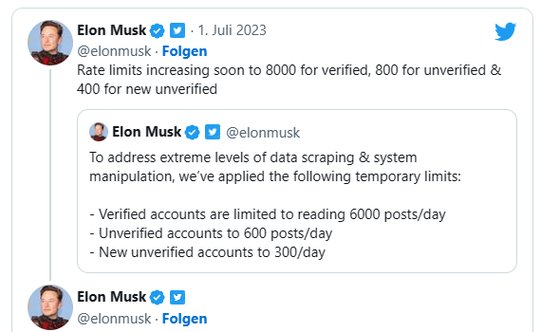 Der Zugriff auf Twitter wird erschwert. Elon Musk befürchtet, dass mit massenhaften Downloads illegal Daten gesammelt werden...   (Bild: Twitter)