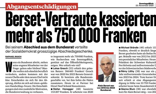 Mit Hilfe des Öffentlichkeitsgesetzes sind die Abgangsentschädigungen einsehbar... (Bild: Screenshot/«SonntagsBlick»)