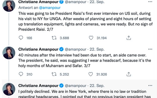 Der iranische Präsident Ebrahim Raisi verlangte von der CNN-Journalistin, dass sie ein Kopftuch trägt. (Bild Screenshot Twitter)