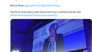 Bundesrätin Baume-Schneider erinnerte in ihrer Rede auch daran, dass die Schweiz auf der weltweiten Rangliste der Pressefreiheit innerhalb von fünf Jahren vom fünften auf den vierzehnten Platz zurückgefallen sei...             (Screenshot Twitter) 