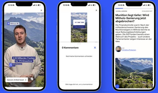Neue verifizierte Videos in der 20-Minuten-App: Mit einem Klick wechseln die Userinnen und User von der klassischen Front zu den Kurzvideos, wo sie sich vertikal durch Videos aus den Bereichen News, Unterhaltung und Inspiration swipen… (Bild: zVg)